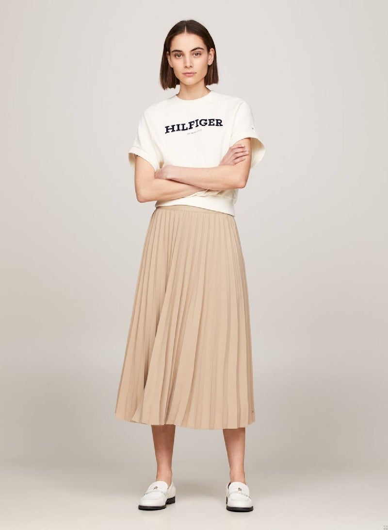 Women's Logo Waistband Pleated Midi Skirt -  Recycled polyester blend twill, Beige