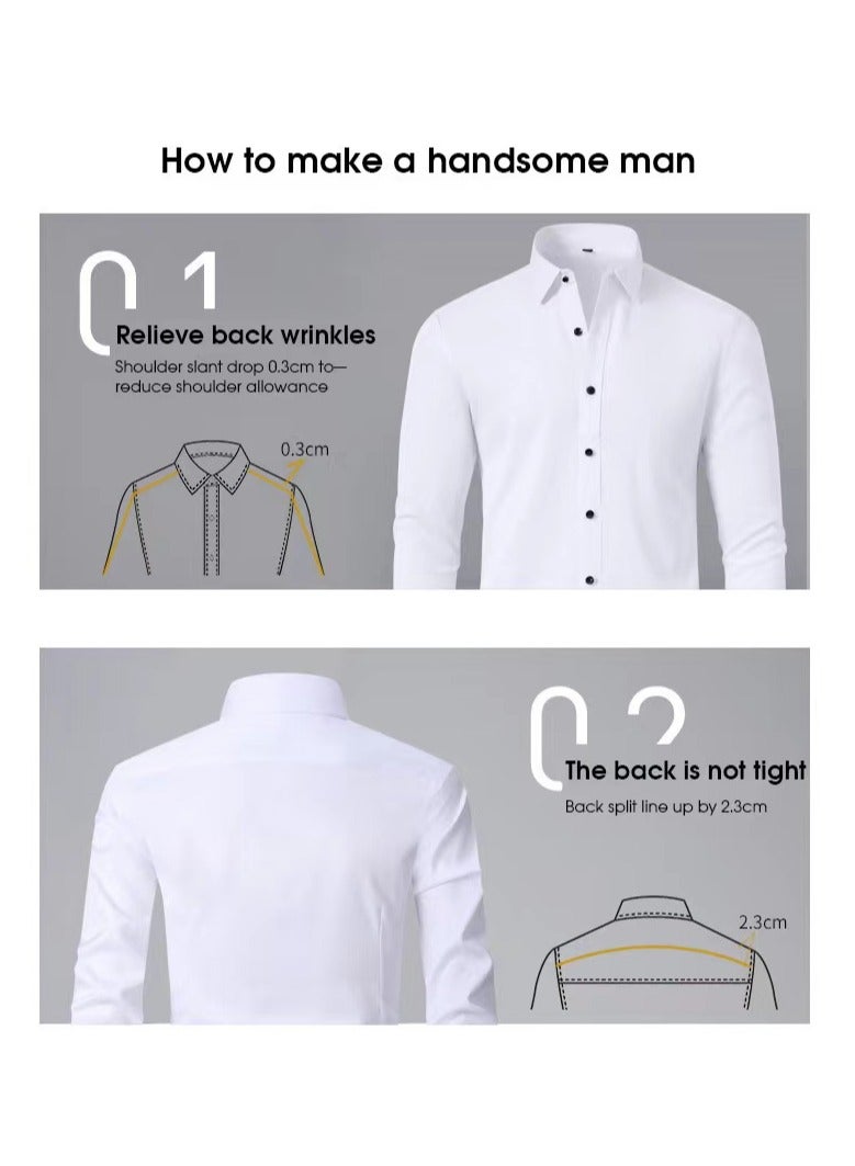 Men's four sided elastic formal shirt, cotton button up shirt, white