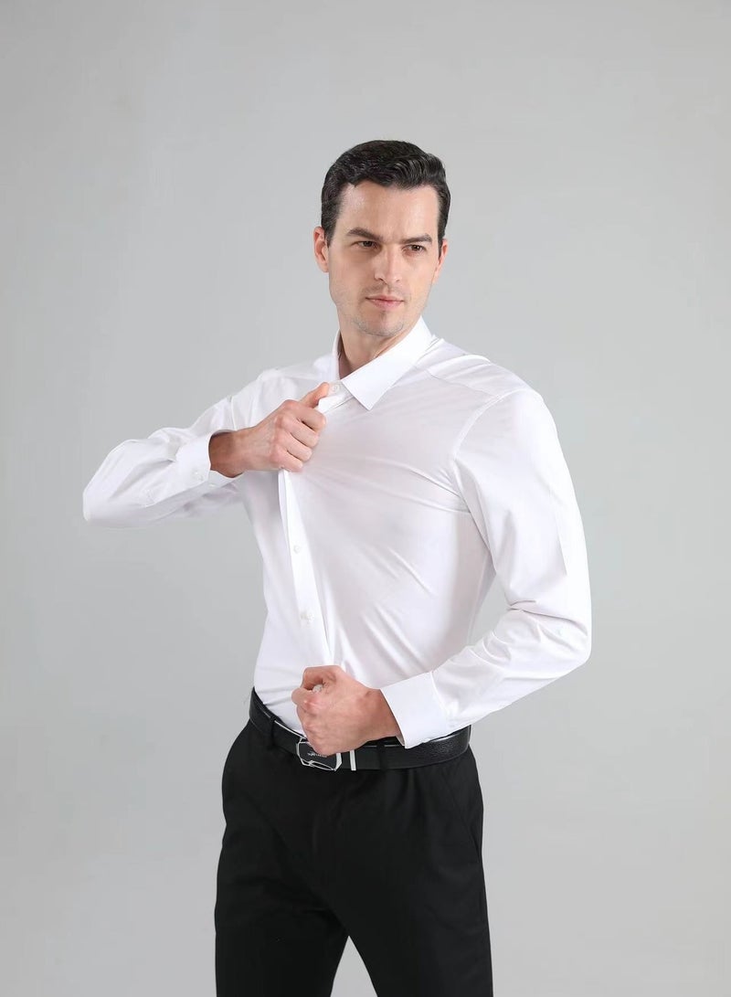 Men's four sided elastic formal shirt, cotton button up shirt, white