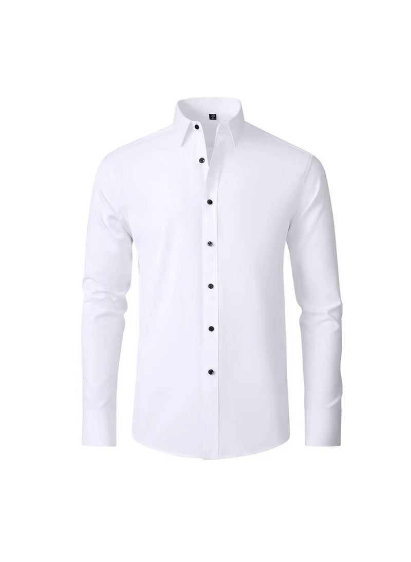 Men's four sided elastic formal shirt, cotton button up shirt, white