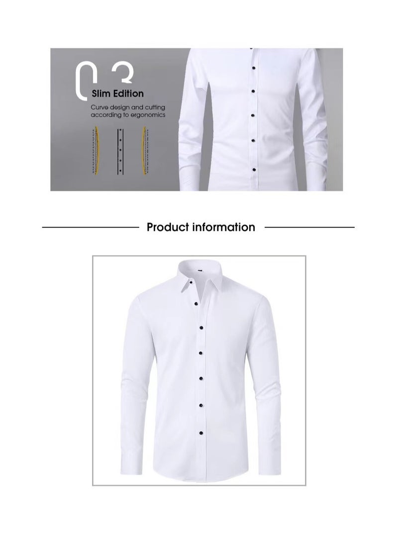 Men's four sided elastic formal shirt, cotton button up shirt, white