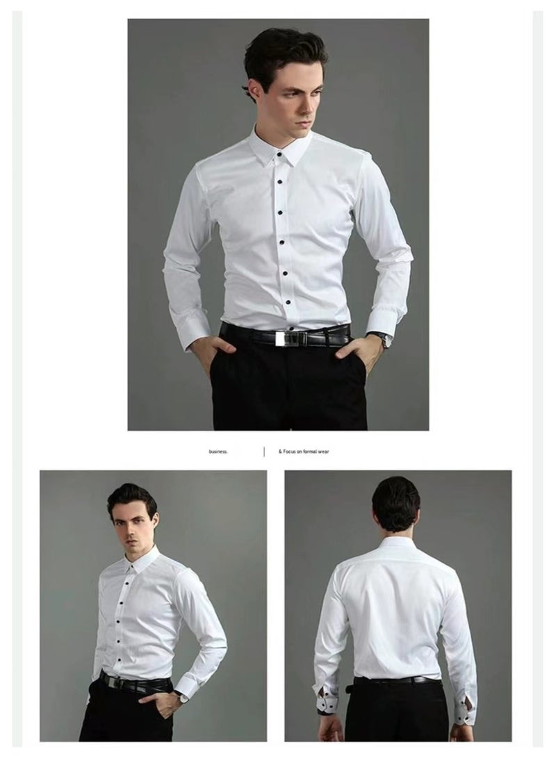 Men's four sided elastic formal shirt, cotton button up shirt, white