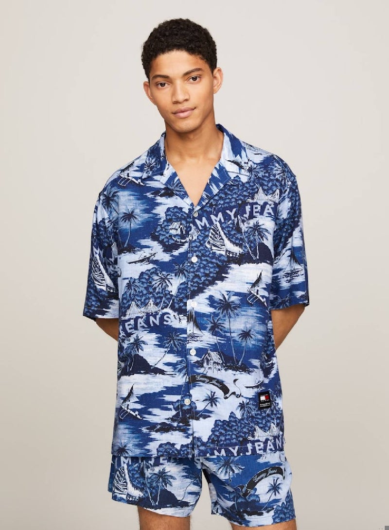 Men's Hawaiian Print Camp Collar Short Sleeve Shirt -  EcoVero™ viscose and linen blend, Multicolor
