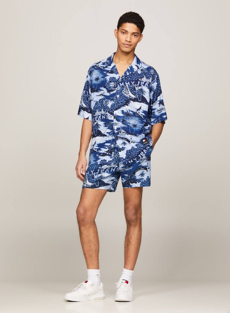 Men's Hawaiian Print Camp Collar Short Sleeve Shirt -  EcoVero™ viscose and linen blend, Multicolor