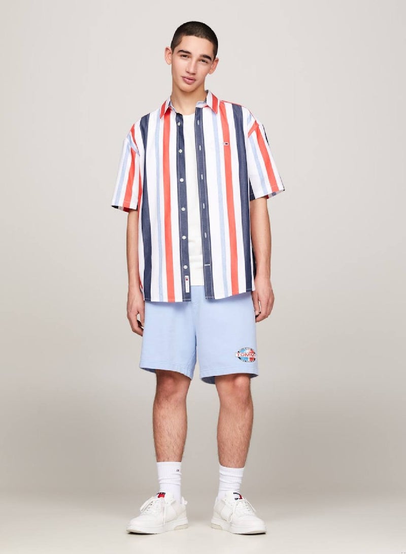 Men's Multicolour Stripe Relaxed Short Sleeve Shirt -  Pure cotton, White