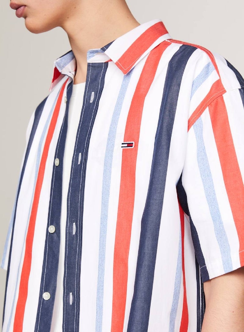 Men's Multicolour Stripe Relaxed Short Sleeve Shirt -  Pure cotton, White