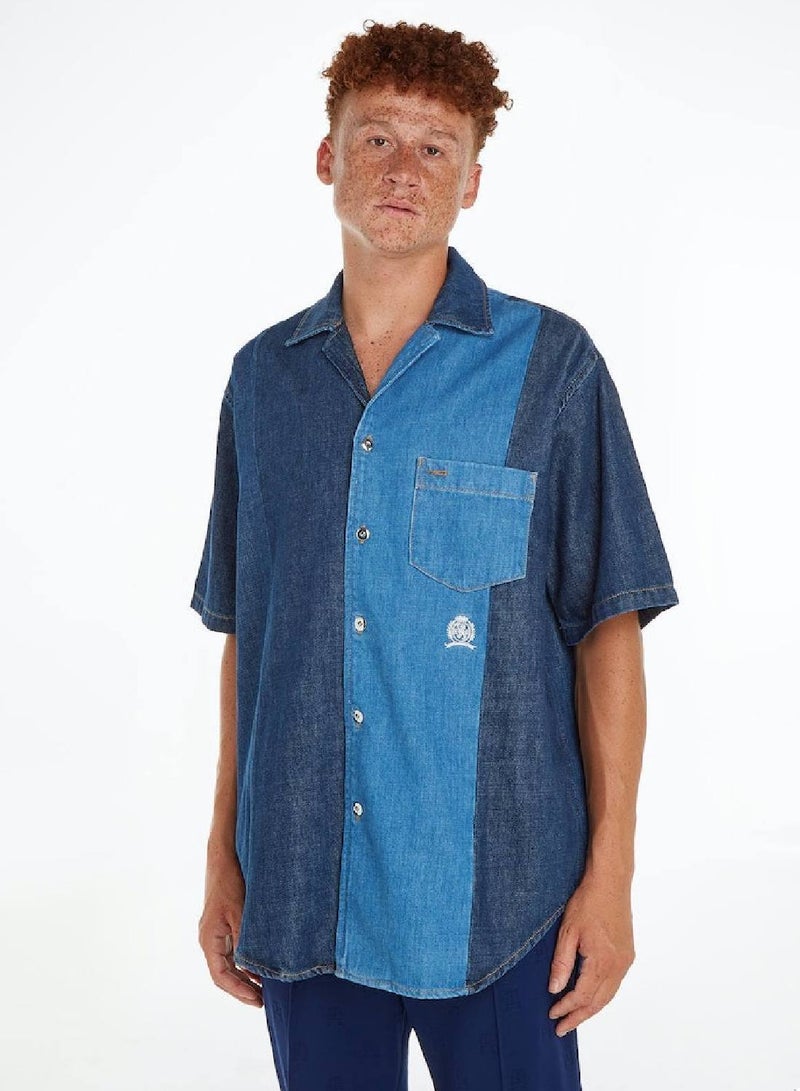 Men's Crest Colour-Blocked Short Sleeve Denim Shirt -  Rigid denim, Blue