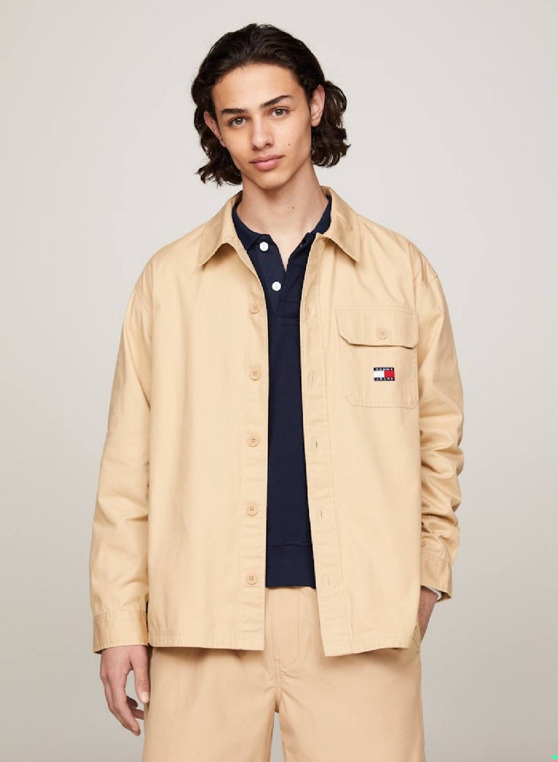 Men's Varsity Oversized Back Logo Overshirt -  Pure cotton, Beige