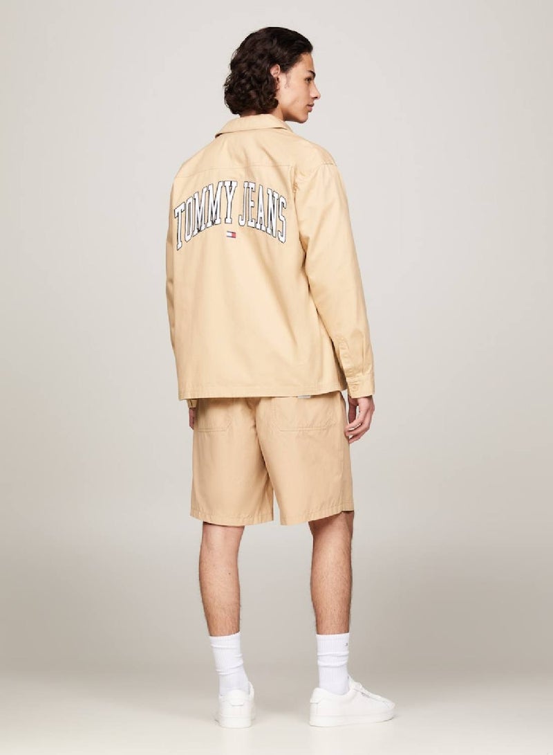 Men's Varsity Oversized Back Logo Overshirt -  Pure cotton, Beige