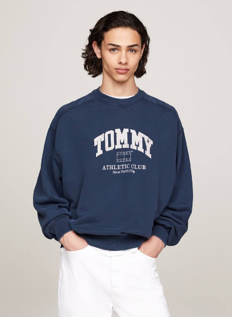 Men's Varsity Garment Dyed Boxy Sweatshirt -  Pure cotton terry, Navy