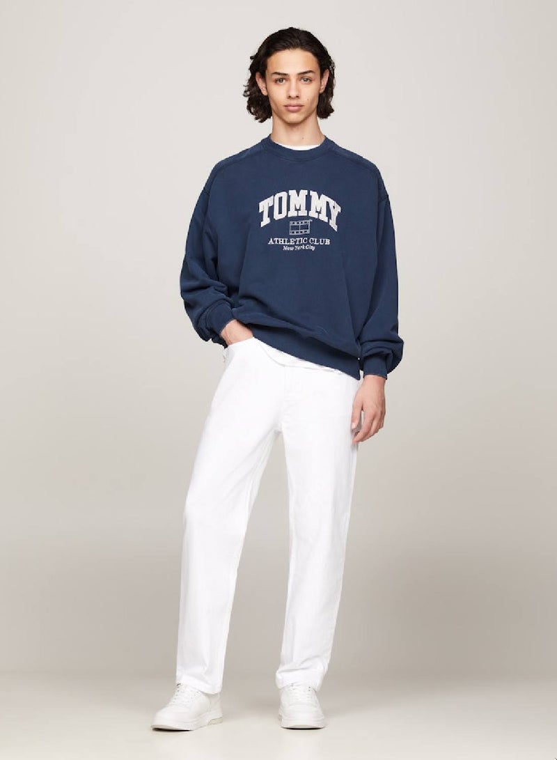 Men's Varsity Garment Dyed Boxy Sweatshirt -  Pure cotton terry, Navy