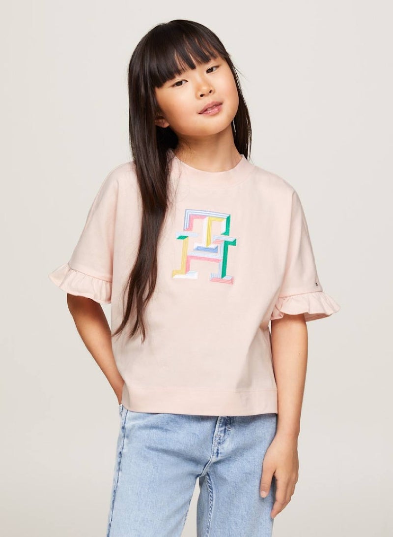 Girls' Th Monogram Embroidery Ruffle Sleeve T-Shirt -  Pure cotton, Pink