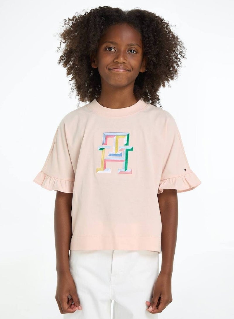 Girls' Th Monogram Embroidery Ruffle Sleeve T-Shirt -  Pure cotton, Pink