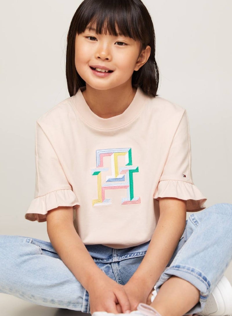 Girls' Th Monogram Embroidery Ruffle Sleeve T-Shirt -  Pure cotton, Pink