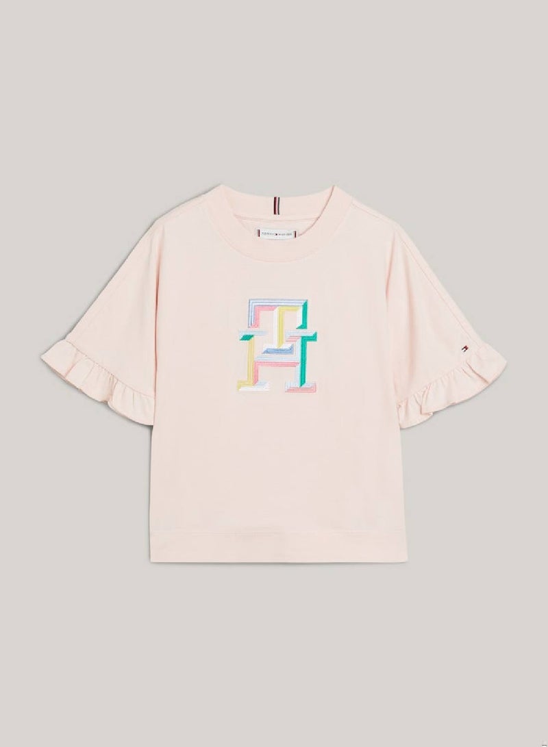 Girls' Th Monogram Embroidery Ruffle Sleeve T-Shirt -  Pure cotton, Pink