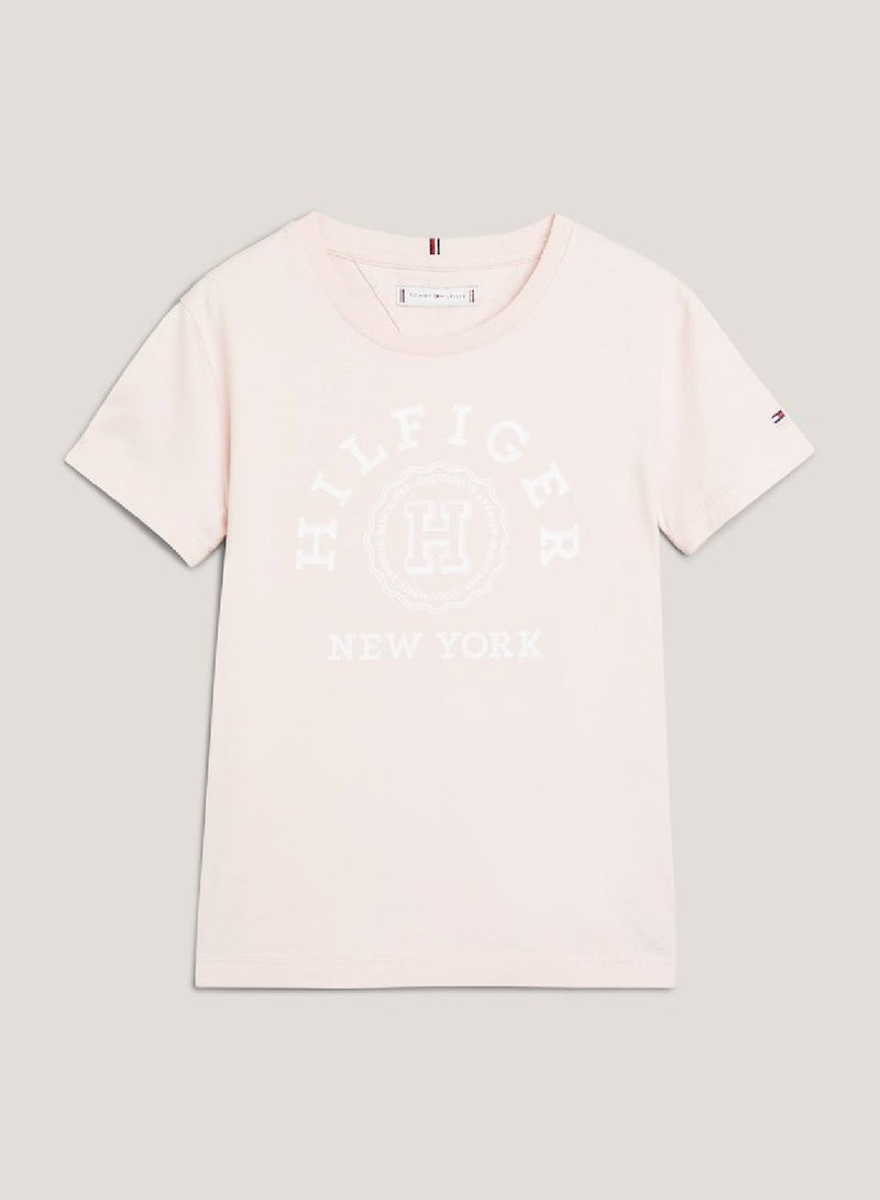 Girls' Varsity Logo Featuring A Crew Neck T-Shirt -  Pure cotton, Pink