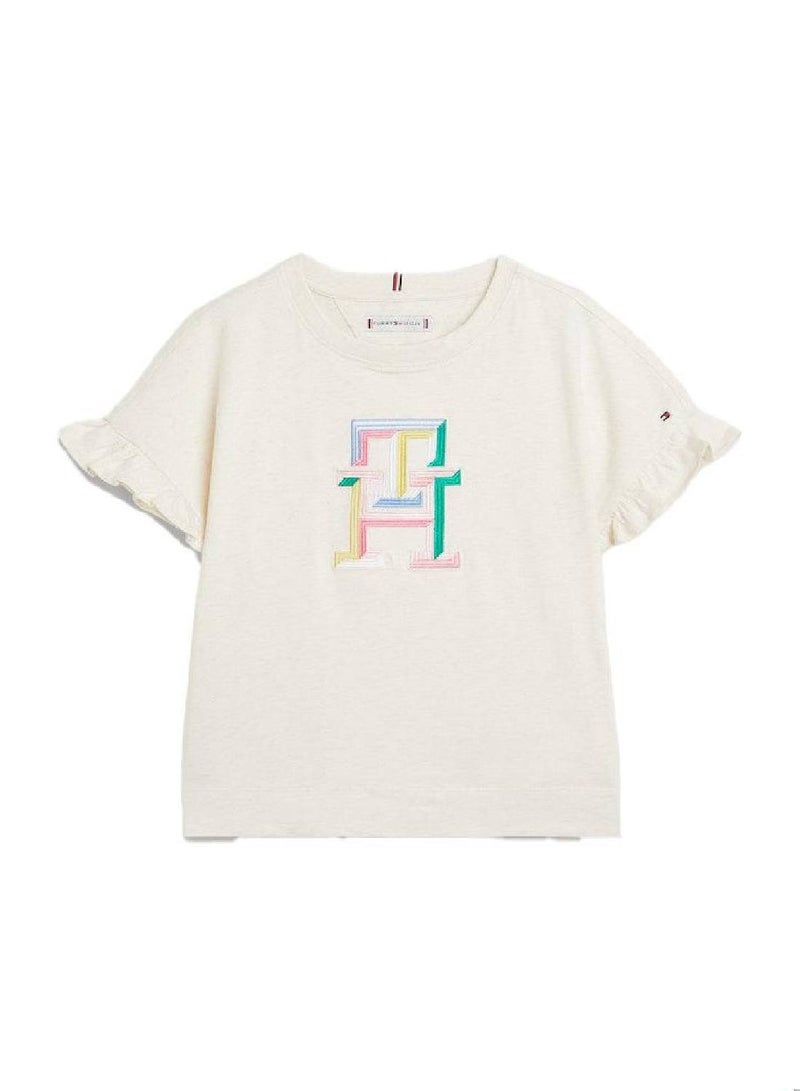 Girls' Th Monogram Embroidery Ruffle Sleeve T-Shirt -  Pure cotton, Beige