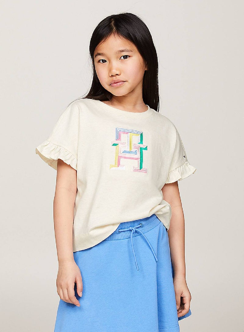 Girls' Th Monogram Embroidery Ruffle Sleeve T-Shirt -  Pure cotton, Beige