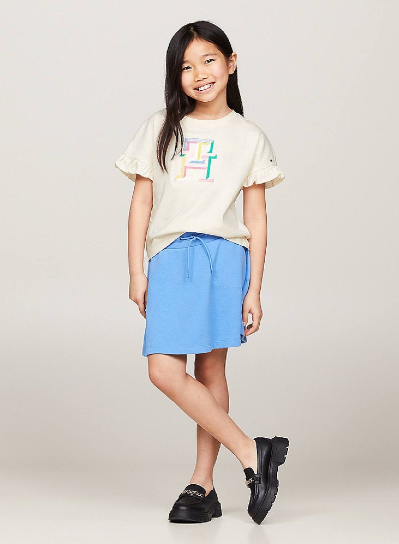 Girls' Th Monogram Embroidery Ruffle Sleeve T-Shirt -  Pure cotton, Beige