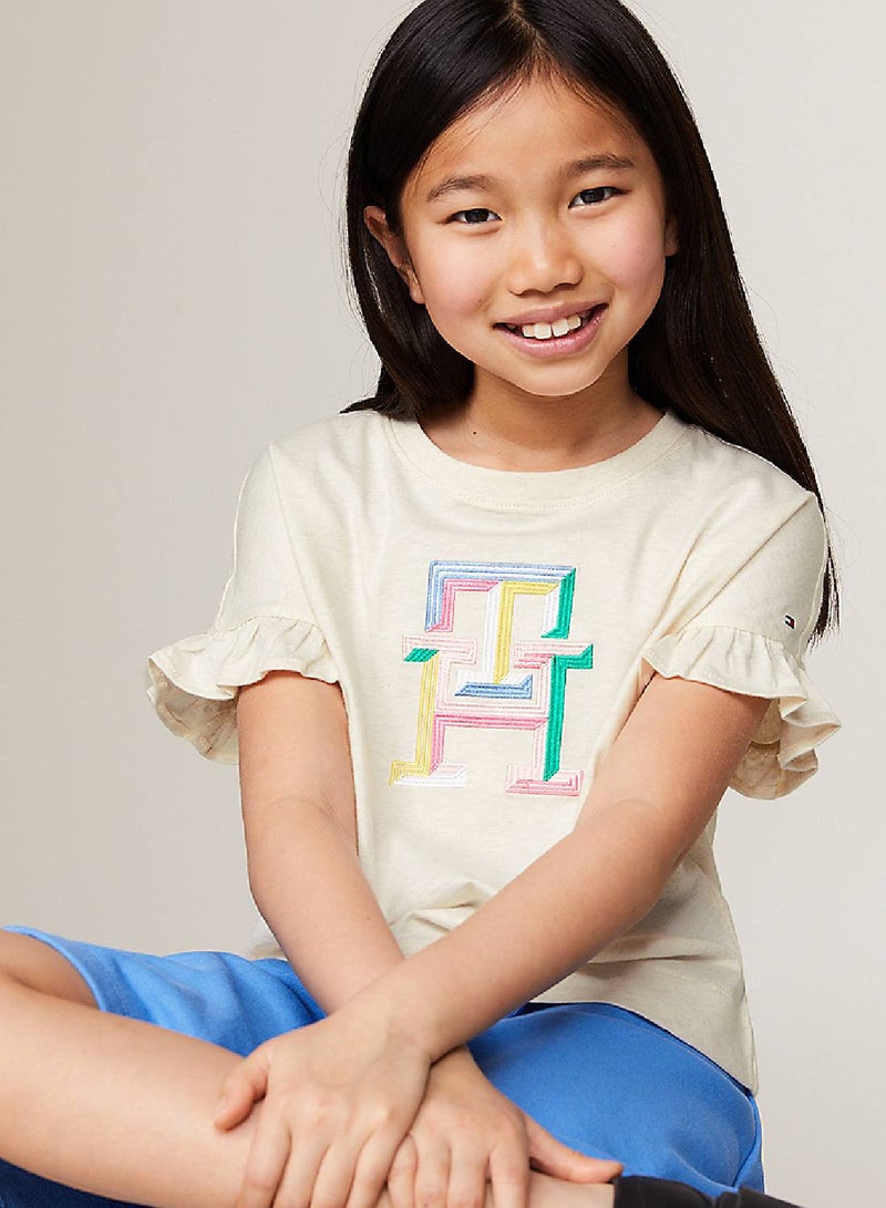 Girls' Th Monogram Embroidery Ruffle Sleeve T-Shirt -  Pure cotton, Beige