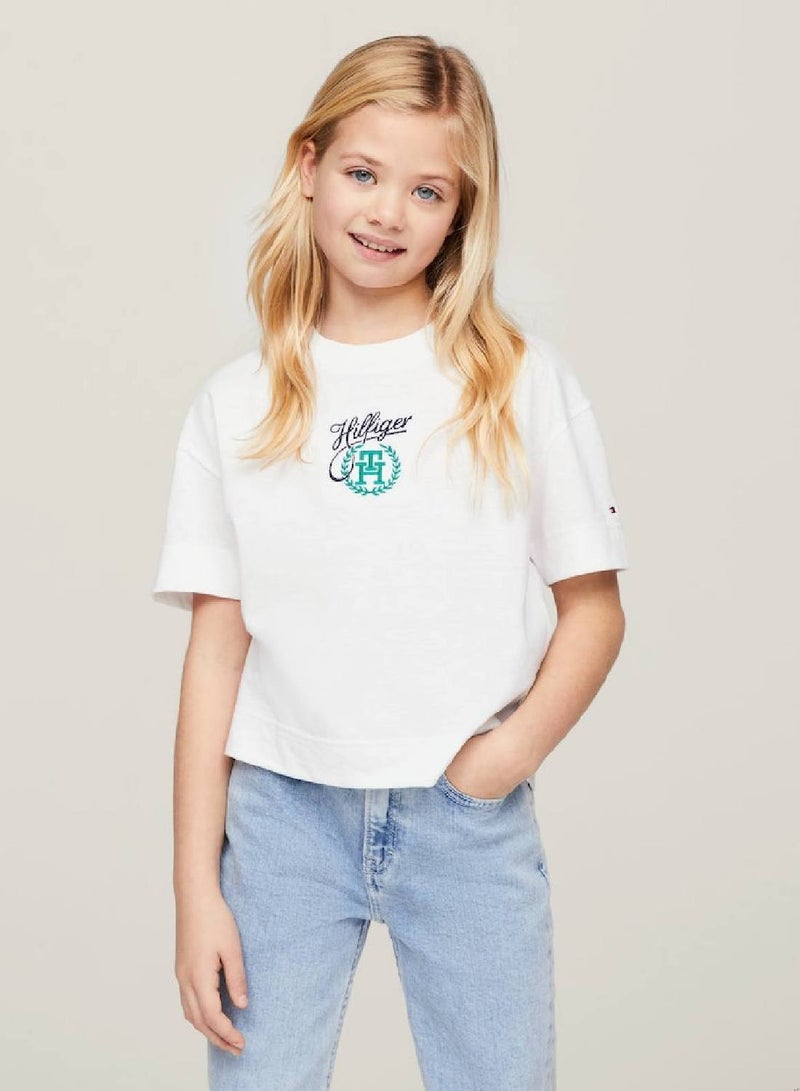 Girls' Th Monogram Script Logo T-Shirt -  Recycled cotton blend, White