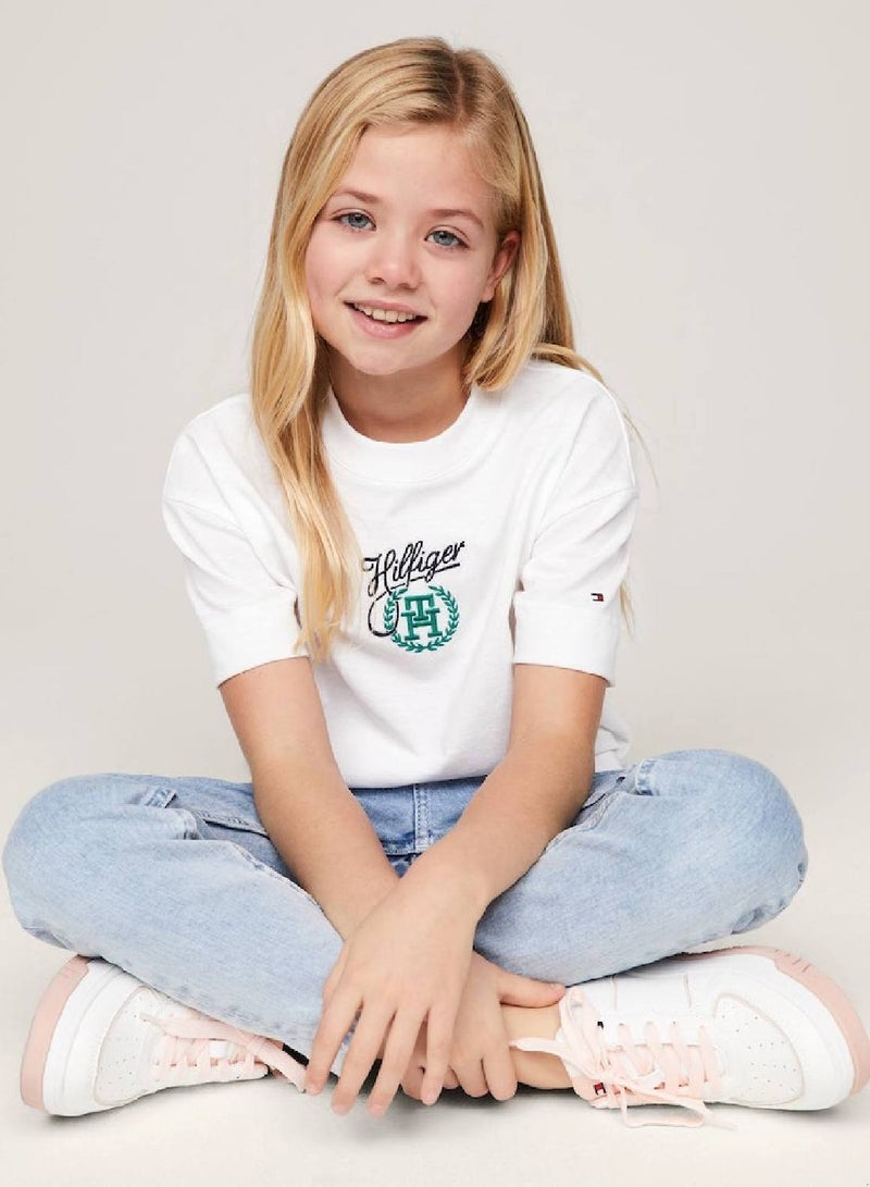 Girls' Th Monogram Script Logo T-Shirt -  Recycled cotton blend, White