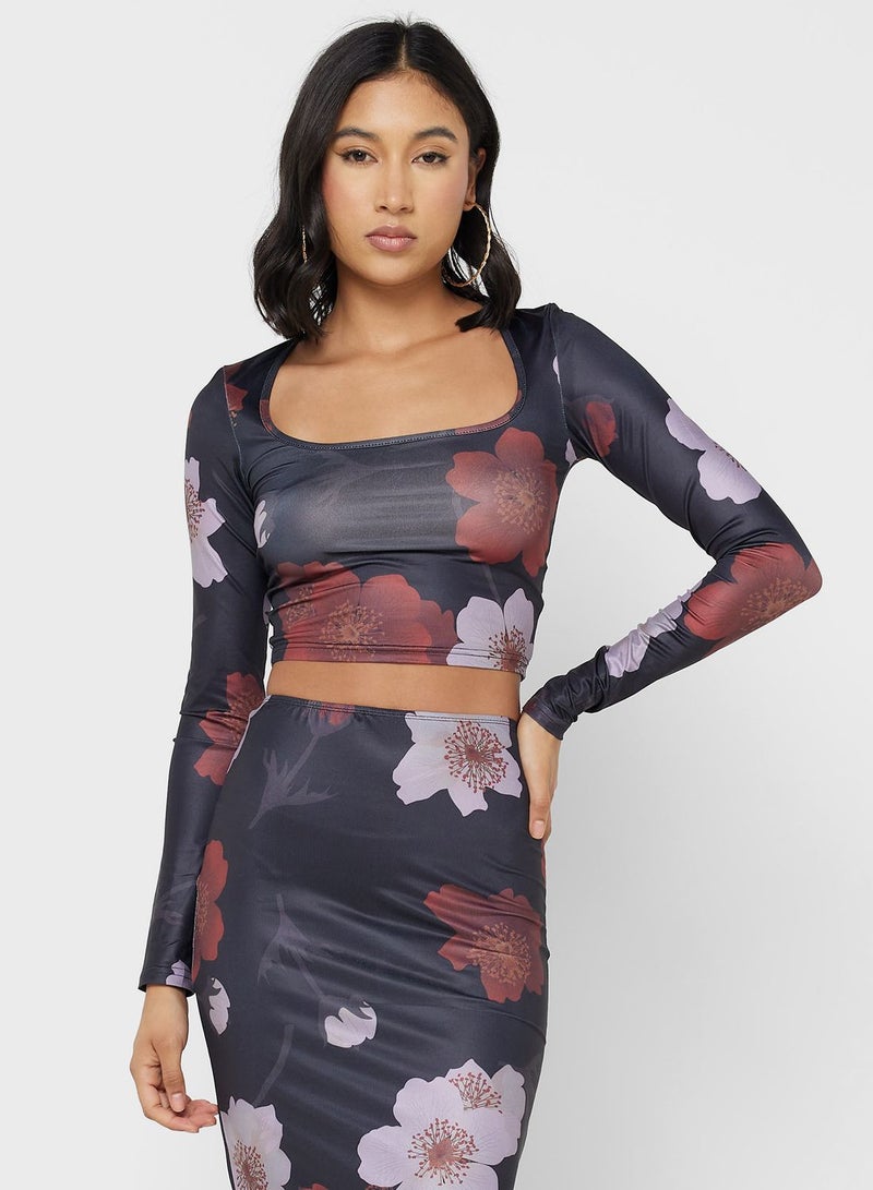 Mesh Floral Scoop Neck Top & Skirt Set