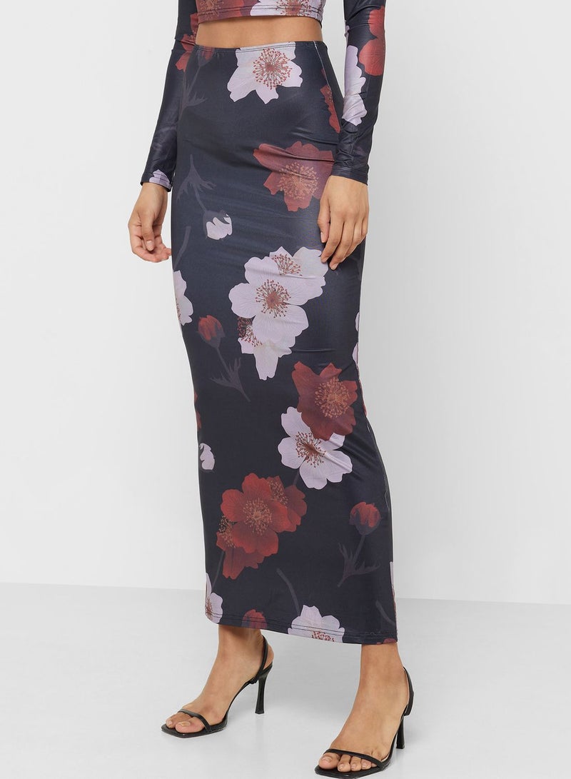 Mesh Floral Scoop Neck Top & Skirt Set