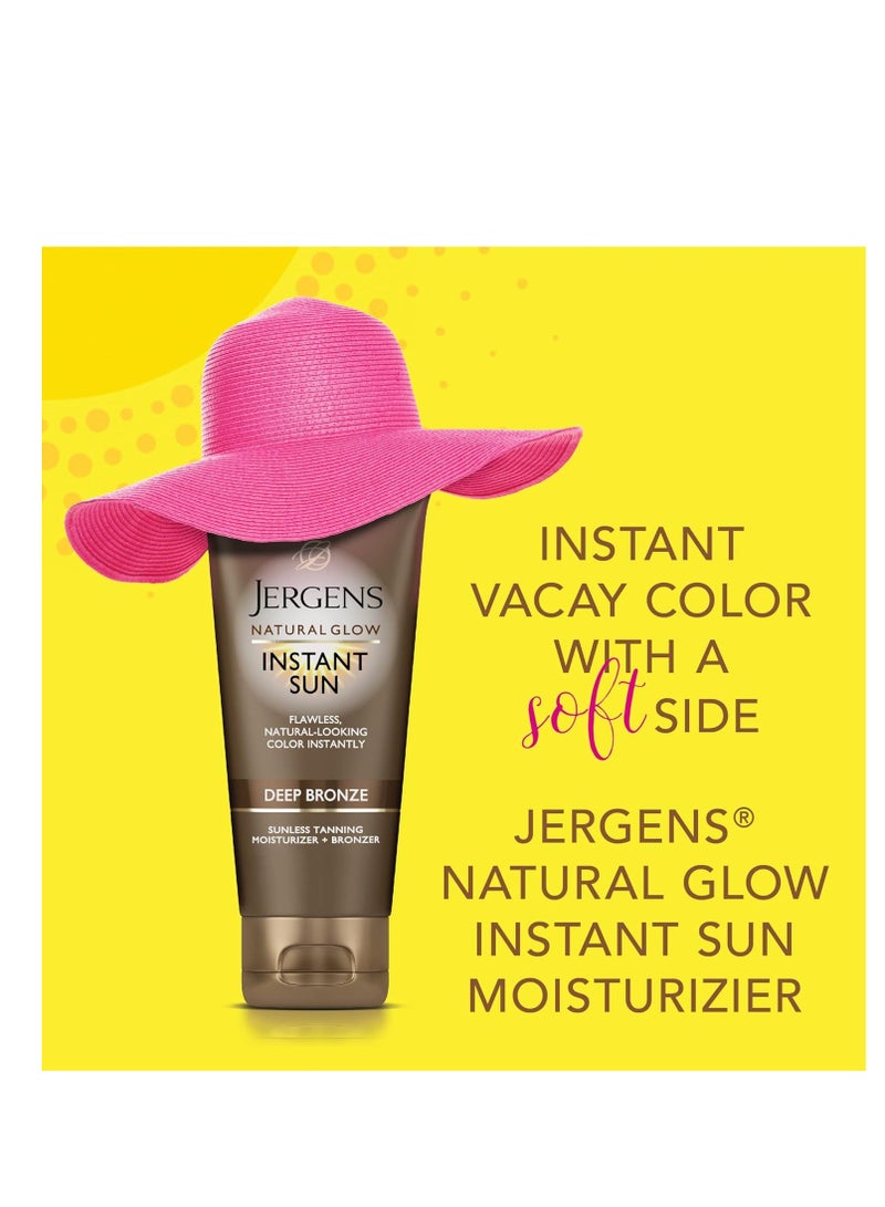 Jergens Natural Glow Instant Sun Sunless Tanning Moisturizer + Bronzer, Self Tanner, Deep Bronze, for Natural-Looking Tan, 6 Ounce