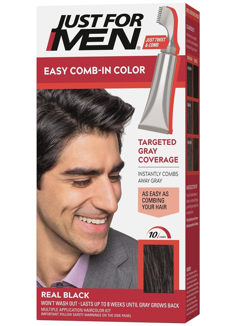 Just For Men Easy Comb-In Color Mens Hair Dye, Easy No Mix Application with Comb Applicator - Real Black, A-55, Pack of 1