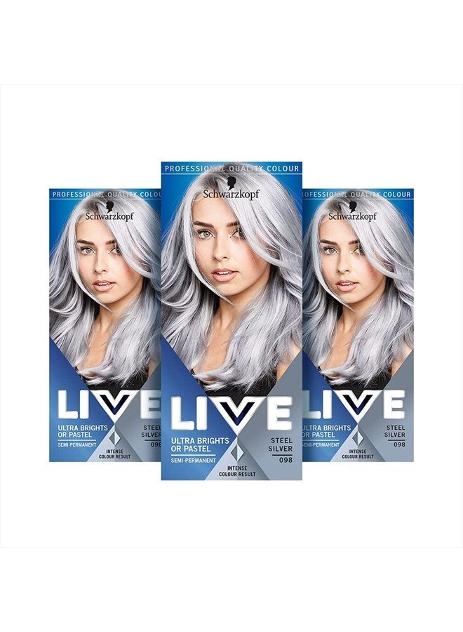 LIVE Ultra Bright or Pastel Grey Hair Dye, Pack of 3, Semi-Permanent Colour lasts up to 15 washes- 098 Silver Steel