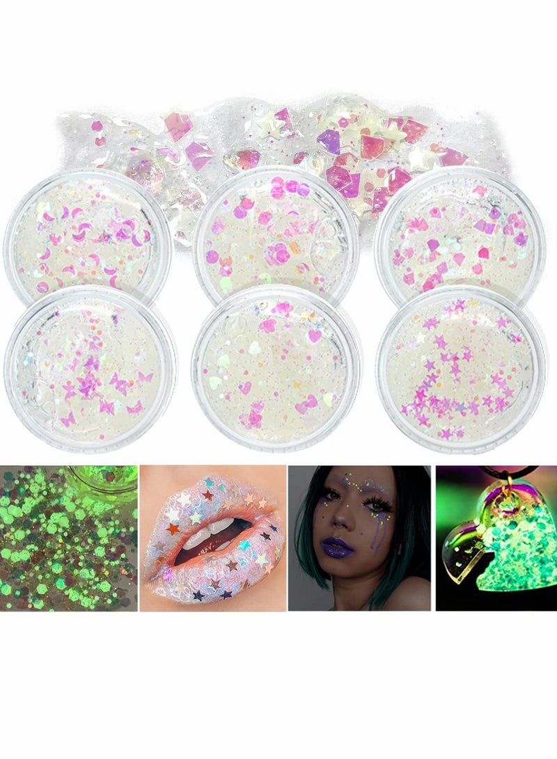 Luminous Body Glitter Gel, White Face Glitters Body Gel Sequins Noctiliucence, Chunky Glitter for Face Hair Nails, Holographic Cosmetic Laser Powder Festival Glitter Makeup Glow in The Dark