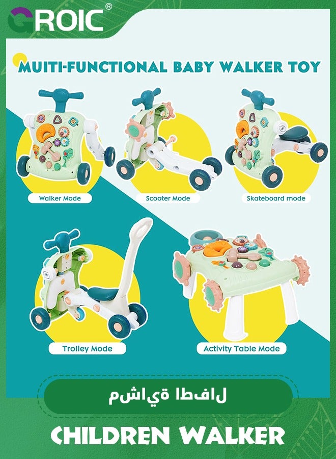 4 in 1 Learning Walker for Babies, Baby Push Walker, Assemble a Scooter, Motorbike, Activity Center, Detachable Panel, Toddler Walker Sit to Stand Baby Adjustable Push Walker with Music and Lights