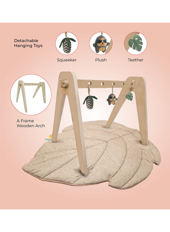 Natures Nook Maple Leaf Shaped Baby Playmat With Wooden 'A' Frame Arch -Tummy Time, 6M+, Beige