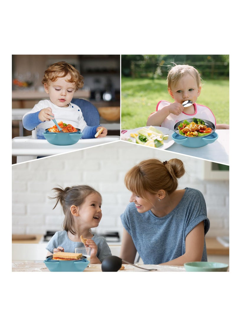 Stainless Steel Baby Feeding Bowl, Stainless Steel Kids Plates, Stainless Steel Baby Bowls, Toddler Suction Plate with Lid Spoon and Fork, Perfect for Children, Blue