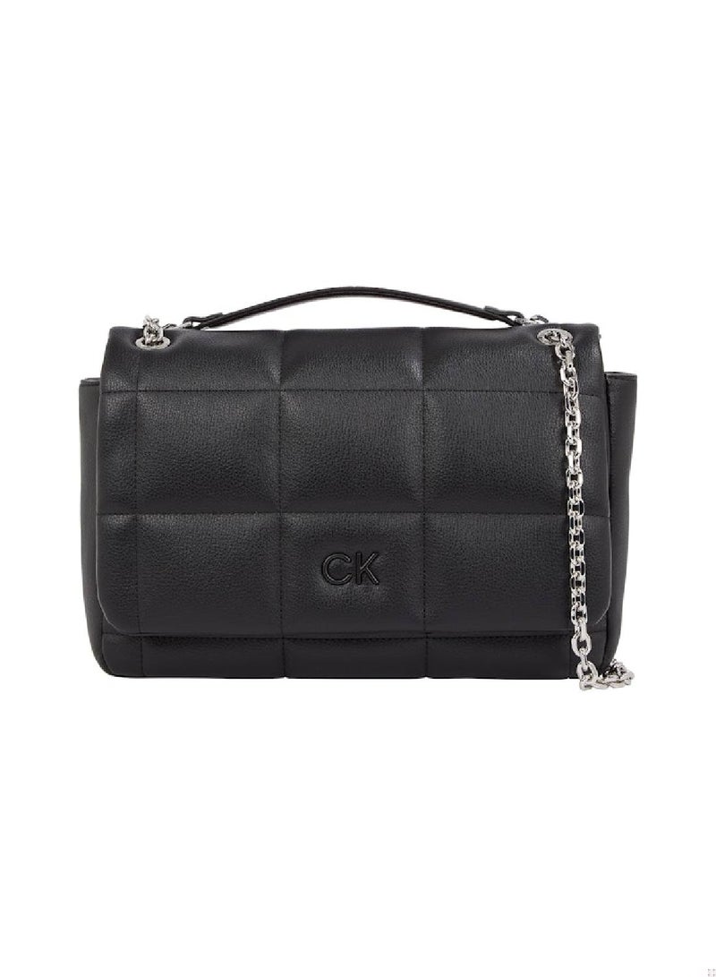 Women's Convertible Quilted Shoulder Bag -  quilted faux leather exterior, Black