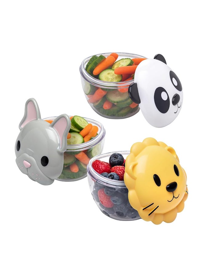 Pack Of 3 Animal Snack Containers With Lids - Bulldog, Lion And Panda