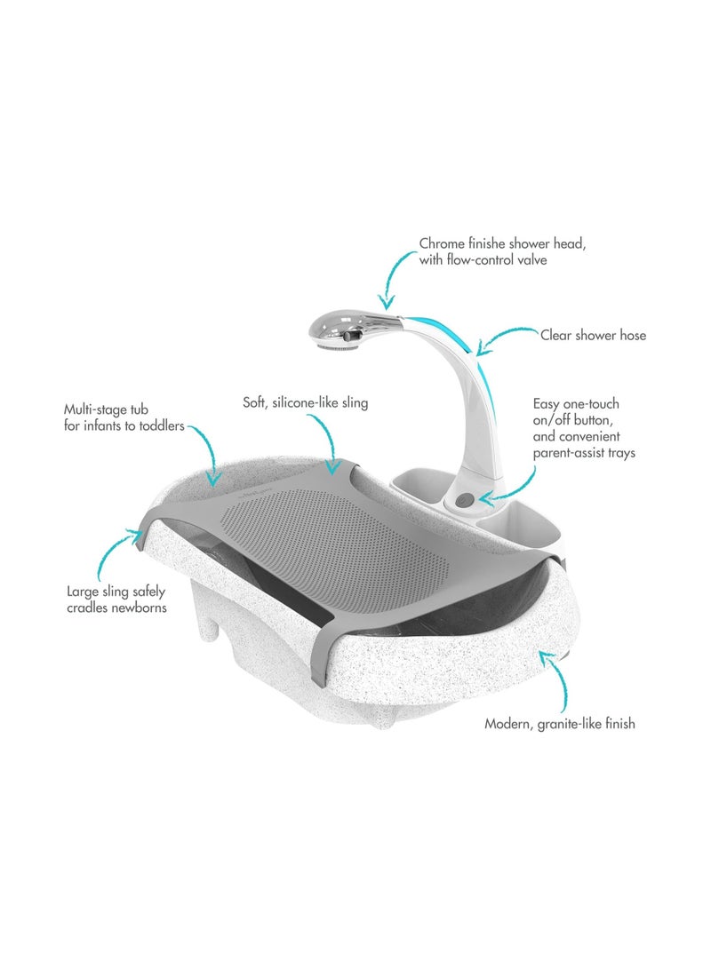 The First Years Rain Shower Baby Bathtub Includes Convertible Bathtub And Sling With Soothing Spray