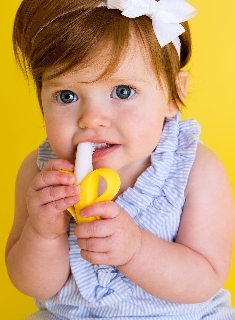 The Original Baby Banana Toothbrush Teether Toy, for Babies Infants Toddlers; USA Family-Owned Business; Teething Relief for Sore Gums, Massaging Soothing; Safest Food Grade Silicone