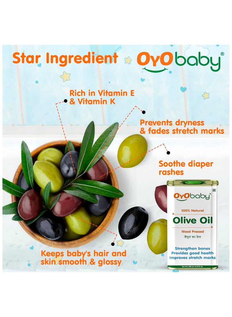 OYO BABY Oil for baby Massage and Hair Pure Oil  Wood Pressed Best for bone Developmemt and healthy muscles  Nourishes skin Olive Oil 200 ml