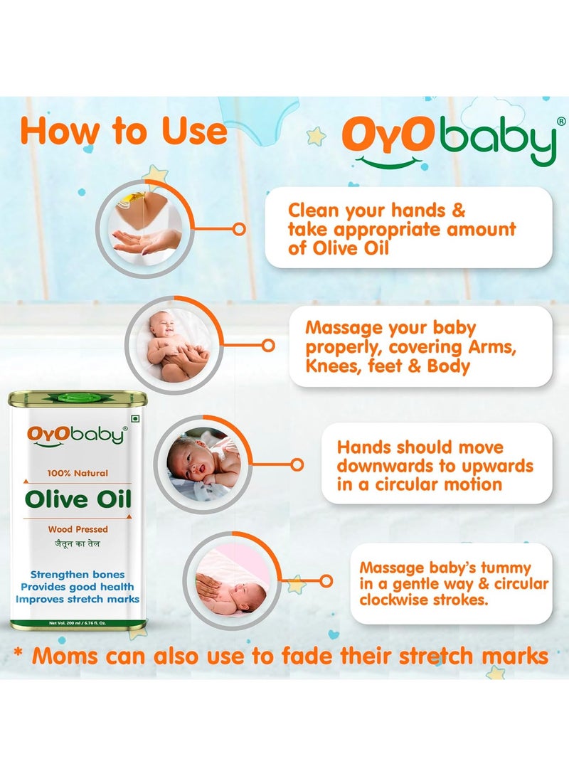 OYO BABY Oil for baby Massage and Hair Pure Oil  Wood Pressed Best for bone Developmemt and healthy muscles  Nourishes skin Olive Oil 200 ml