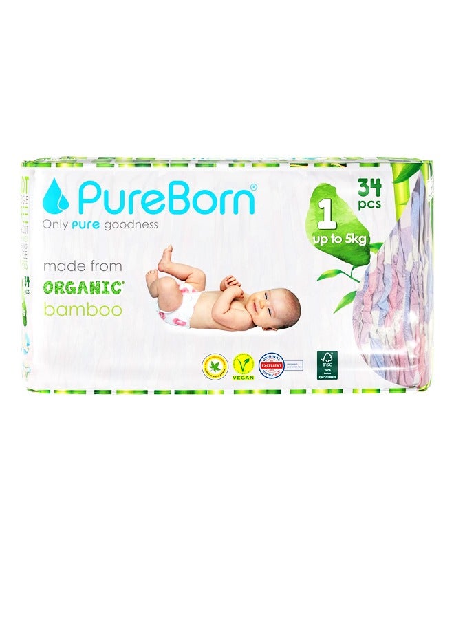 Pureborn 34Pcs Premium  Organic Natural Bamboo Baby Disposable Diapers-Size 1 From Up to 5kg