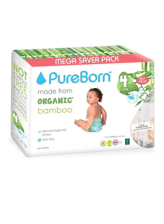 Pureborn 24pcs Premium  Organic Natural Bamboo Baby Disposable Diapers-Size 4 From 7 to 12 Kg