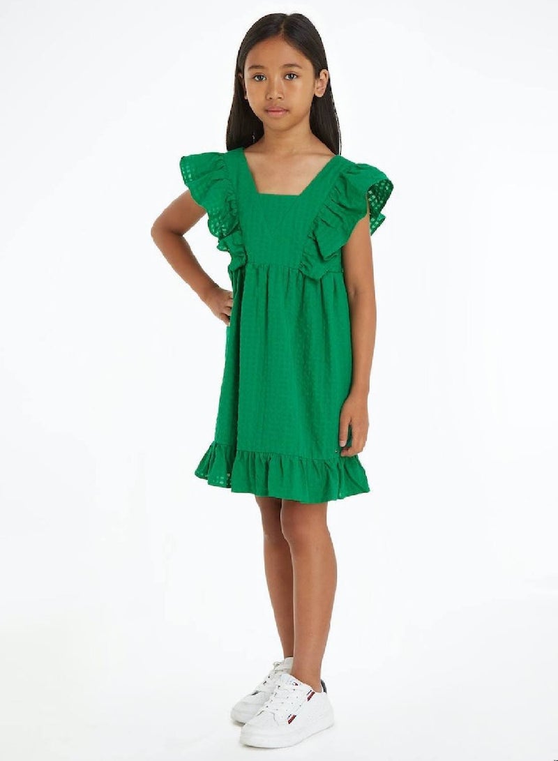 Girls' Seersucker Frill Fit And Flare Dress -  Pure cotton seersucker, Green