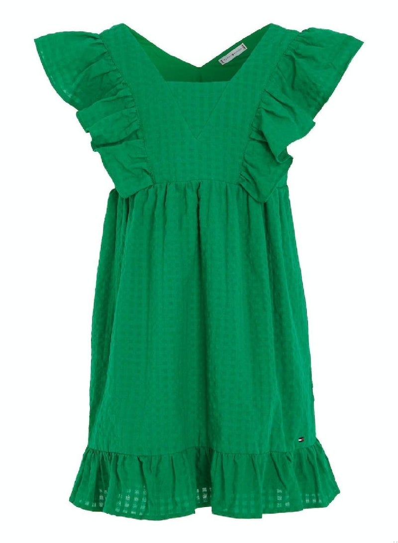 Girls' Seersucker Frill Fit And Flare Dress -  Pure cotton seersucker, Green