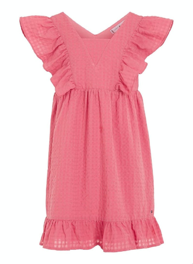 Girls' Seersucker Frill Fit And Flare Dress -  Pure cotton seersucker, Pink