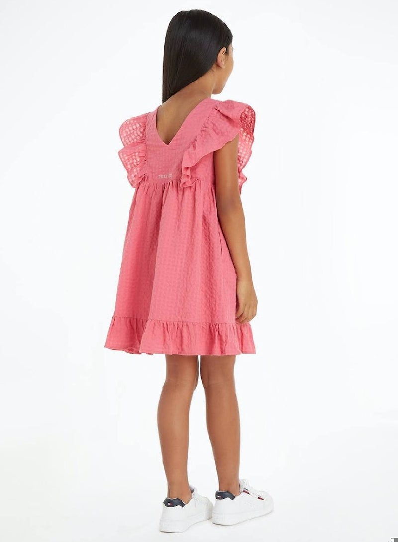 Girls' Seersucker Frill Fit And Flare Dress -  Pure cotton seersucker, Pink