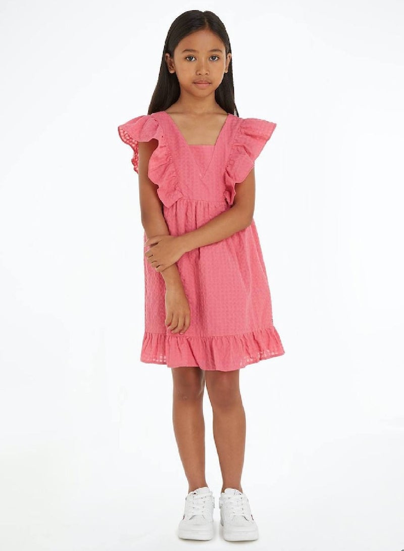 Girls' Seersucker Frill Fit And Flare Dress -  Pure cotton seersucker, Pink