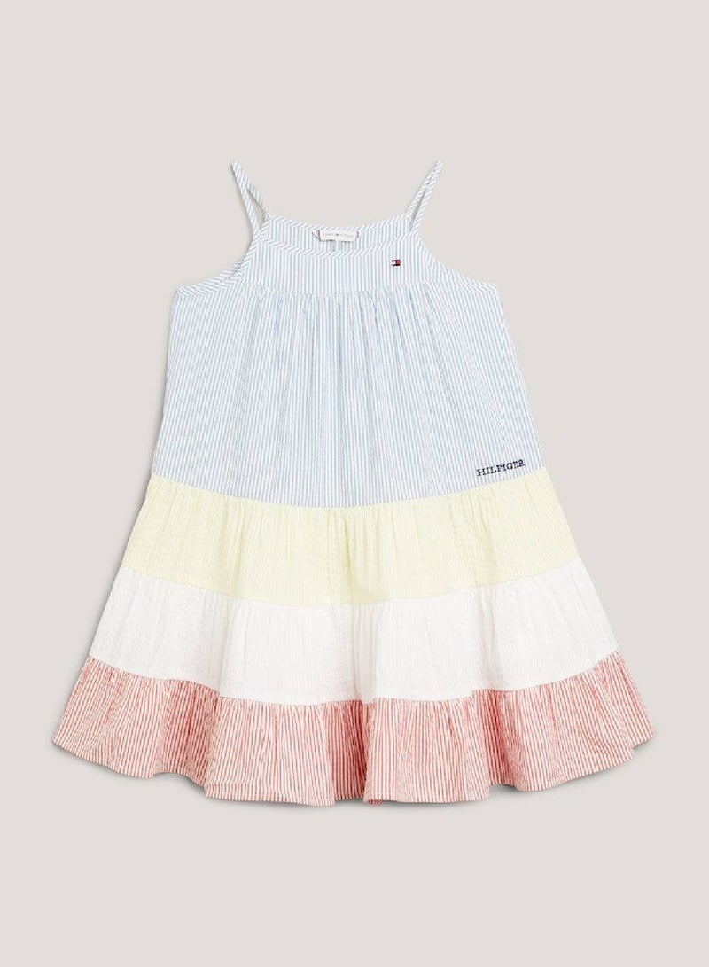 Girls' Mixed Stripe Seersucker Tiered Dress -  Pure cotton seersucker, Multicolor