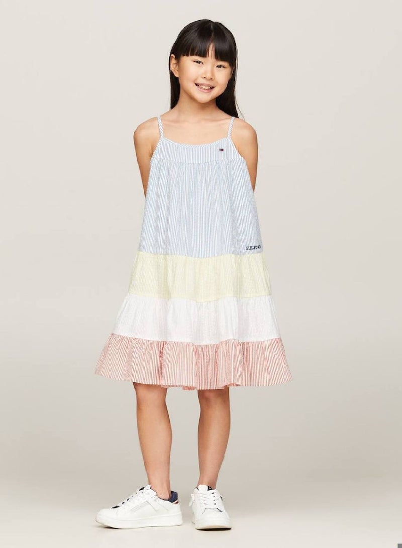 Girls' Mixed Stripe Seersucker Tiered Dress -  Pure cotton seersucker, Multicolor